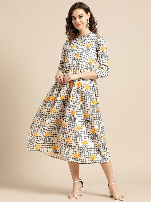 Women's Nayo Off White Floral Printed Mandarin Collar Cotton A-Line Dress