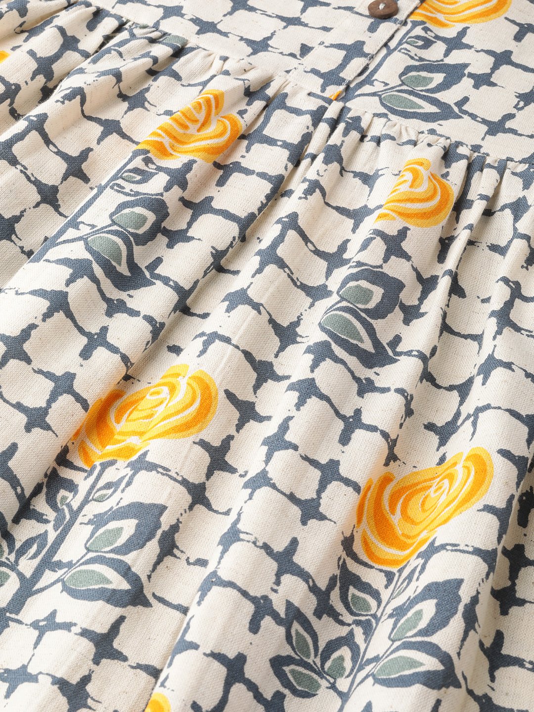 Women's Nayo Off White Floral Printed Mandarin Collar Cotton A-Line Dress