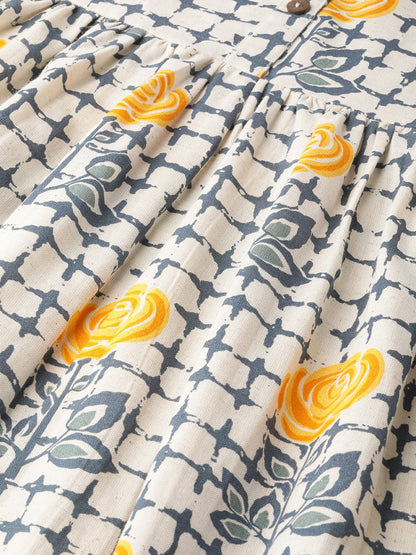 Women's Nayo Off White Floral Printed Mandarin Collar Cotton A-Line Dress