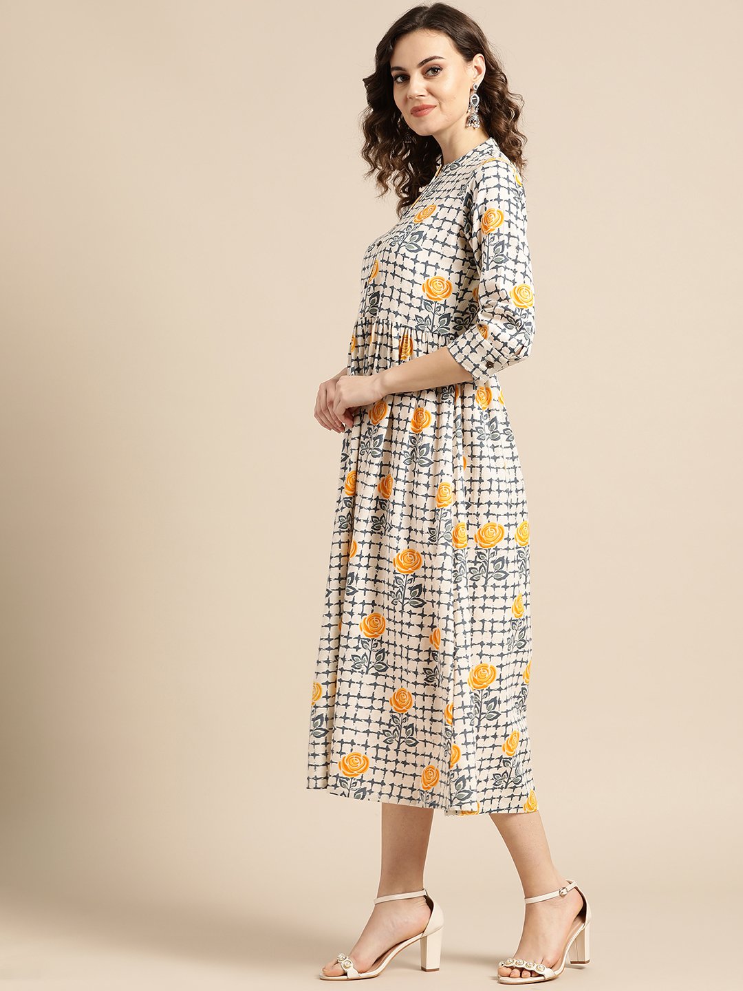 Women's Nayo Off White Floral Printed Mandarin Collar Cotton A-Line Dress