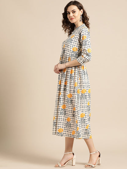 Women's Nayo Off White Floral Printed Mandarin Collar Cotton A-Line Dress