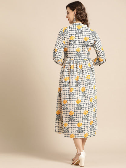 Women's Nayo Off White Floral Printed Mandarin Collar Cotton A-Line Dress