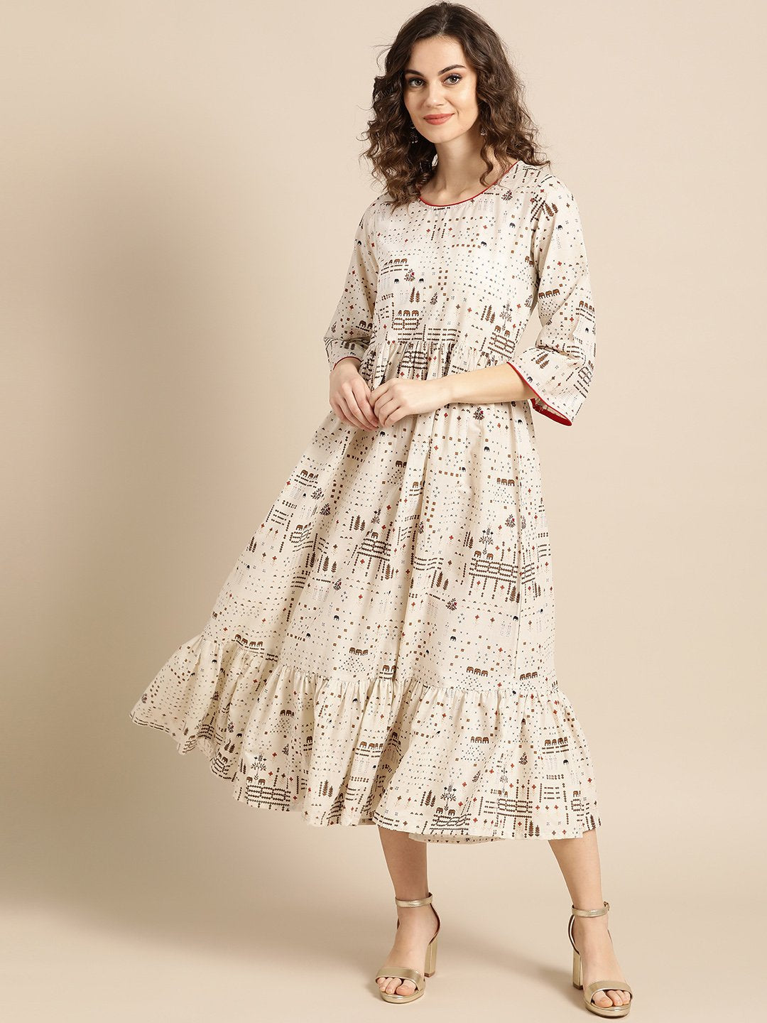 Women's Nayo White Conversational Printed Round Neck Cotton Fit And Flare Dress
