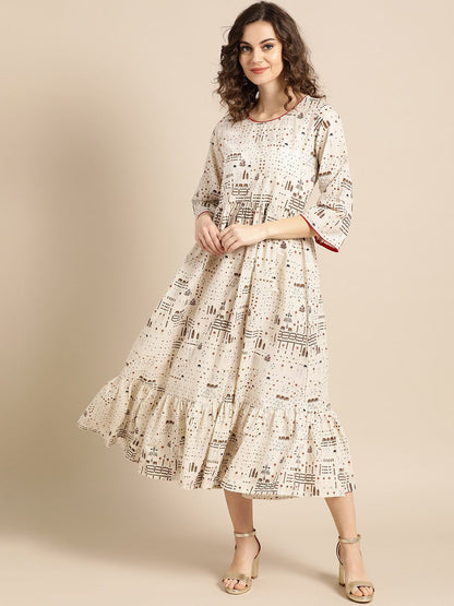 Women's Nayo White Conversational Printed Round Neck Cotton Fit And Flare Dress