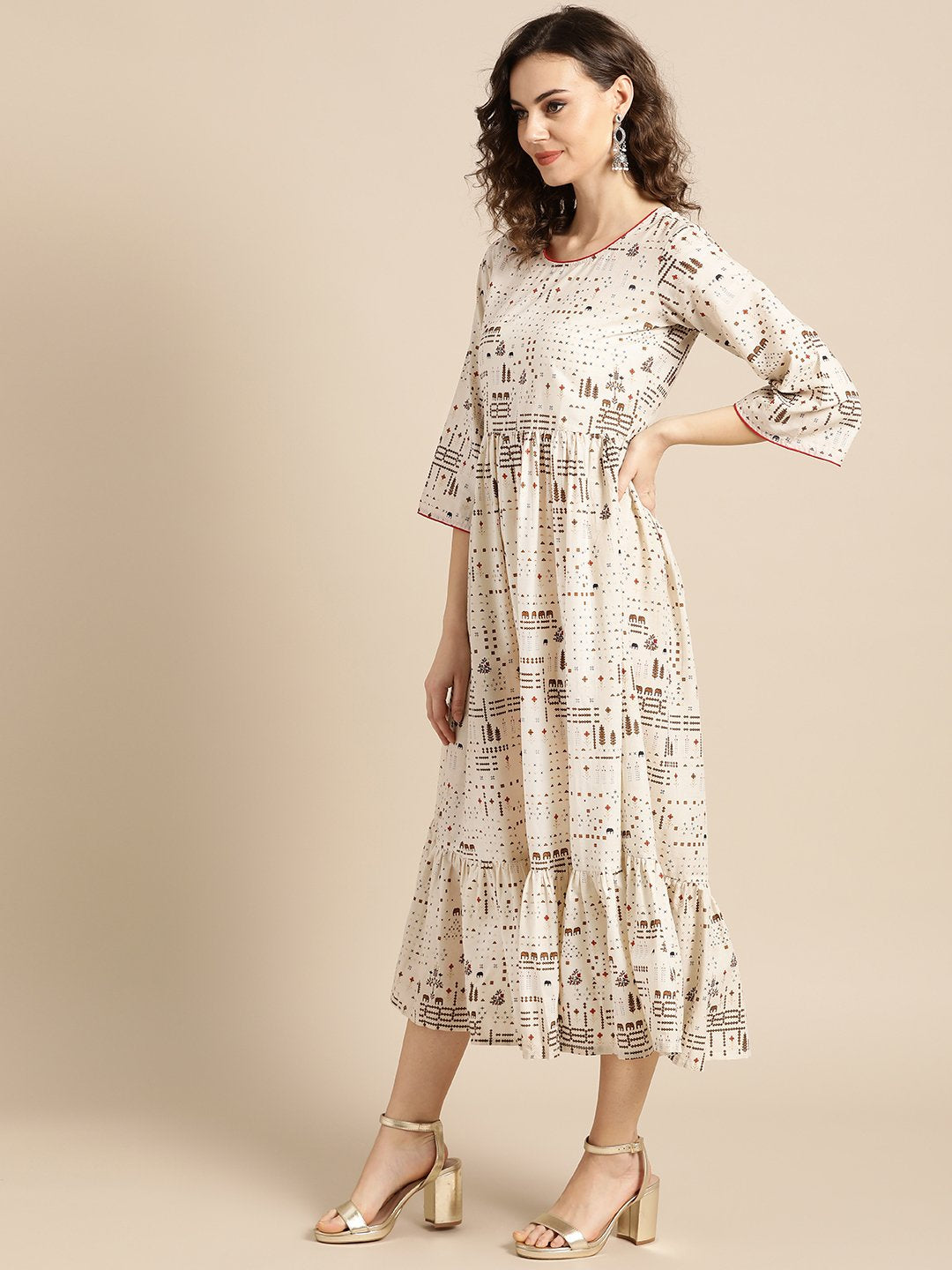 Women's Nayo White Conversational Printed Round Neck Cotton Fit And Flare Dress