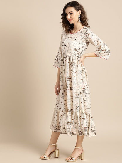 Women's Nayo White Conversational Printed Round Neck Cotton Fit And Flare Dress