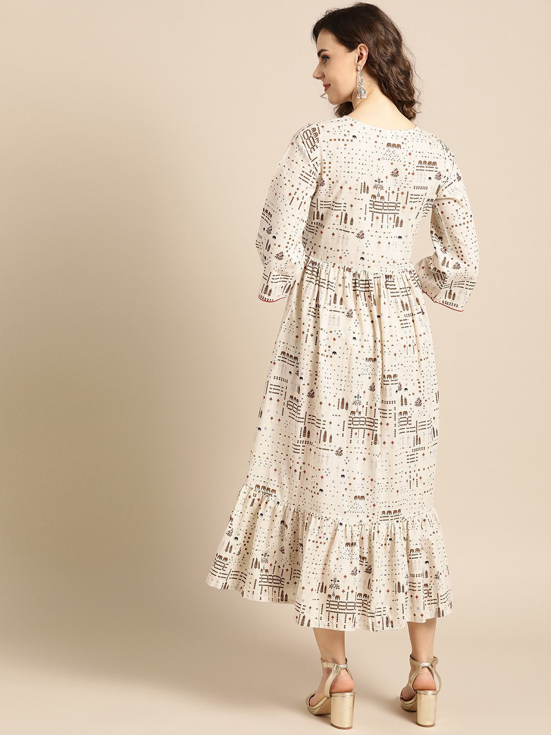 Women's Nayo White Conversational Printed Round Neck Cotton Fit And Flare Dress