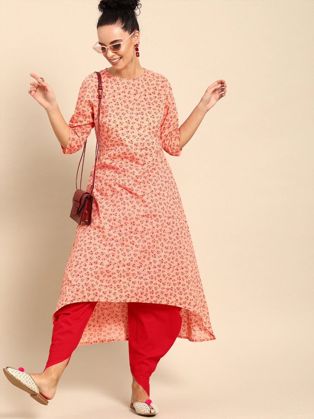 Women's Peach Three-Quarter Sleeves Asymmetric Kurta Set