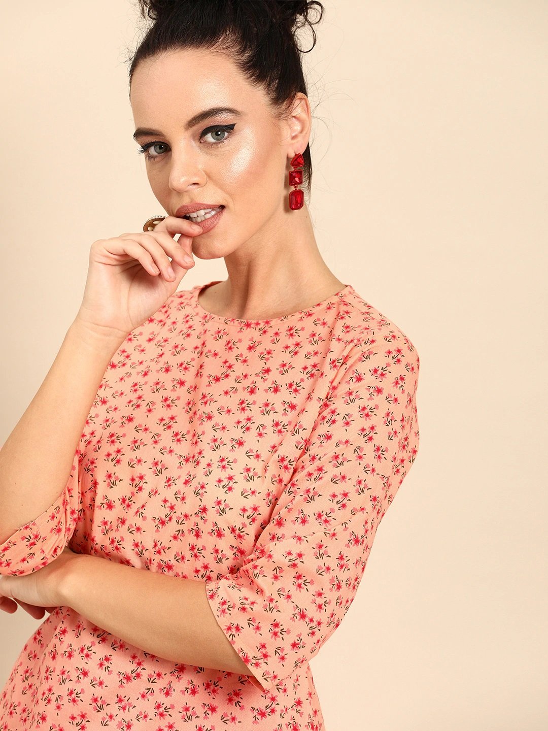 Women's Peach Three-Quarter Sleeves Asymmetric Kurta Set