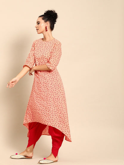 Women's Peach Three-Quarter Sleeves Asymmetric Kurta Set