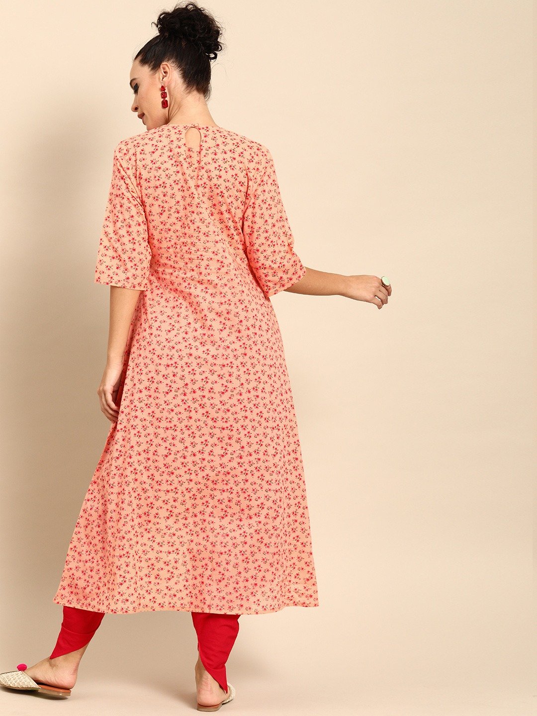 Women's Peach Three-Quarter Sleeves Asymmetric Kurta Set