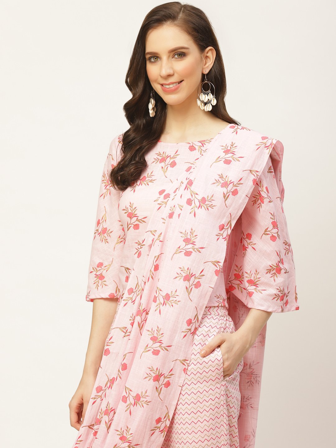Women's Pink Printed Palazzo Saree And Blouse With Tie-Up Detail