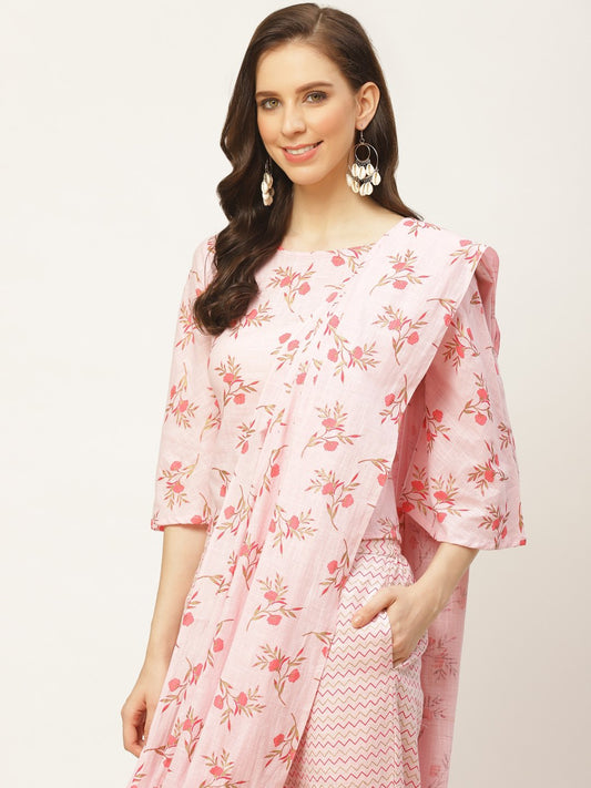 Women's Pink Printed Palazzo Saree And Blouse With Tie-Up Detail