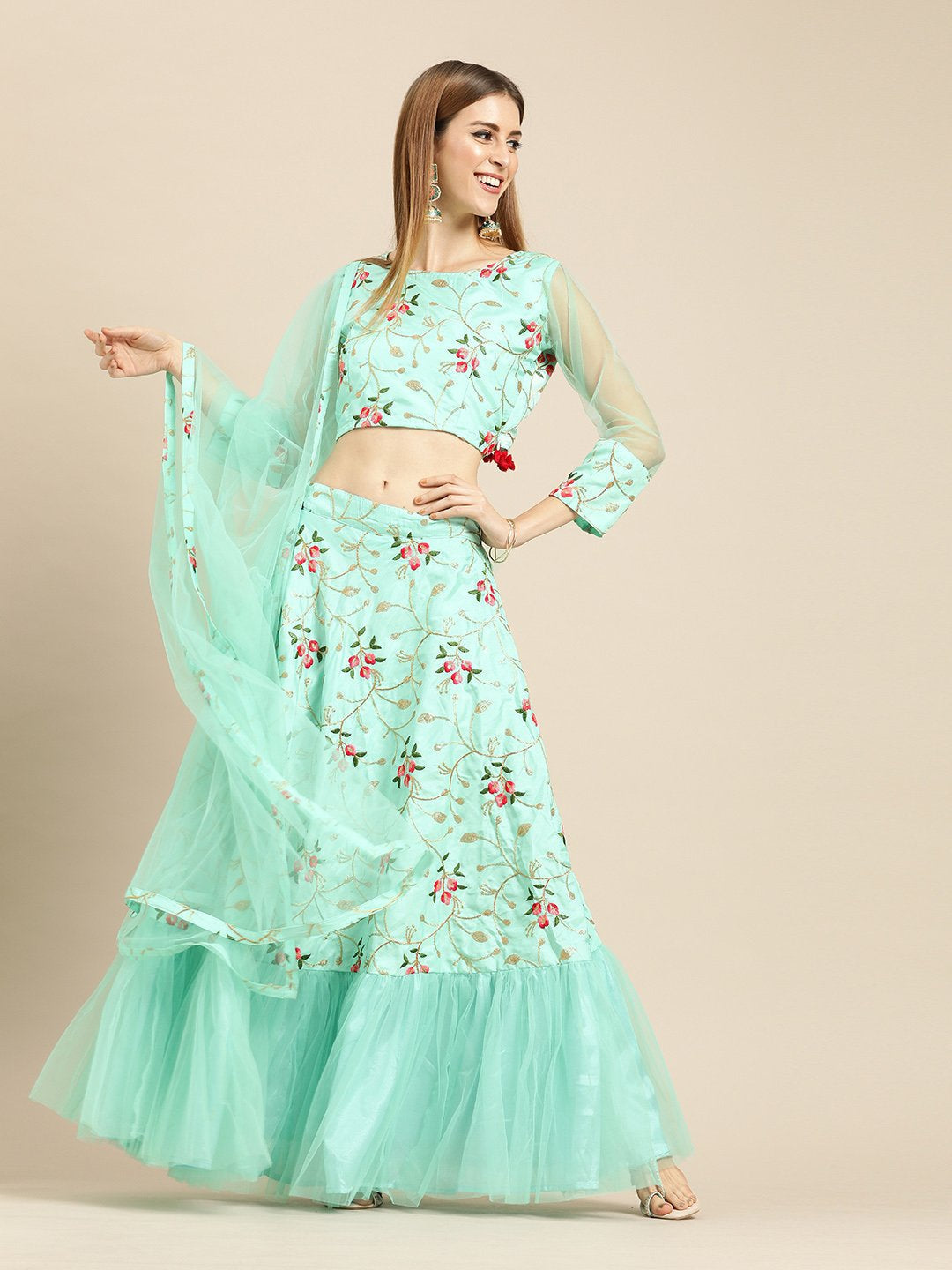 Women's Sea Green Silk Blended Lehenga 3/4Th Sleeve Net Choli With Dupatta