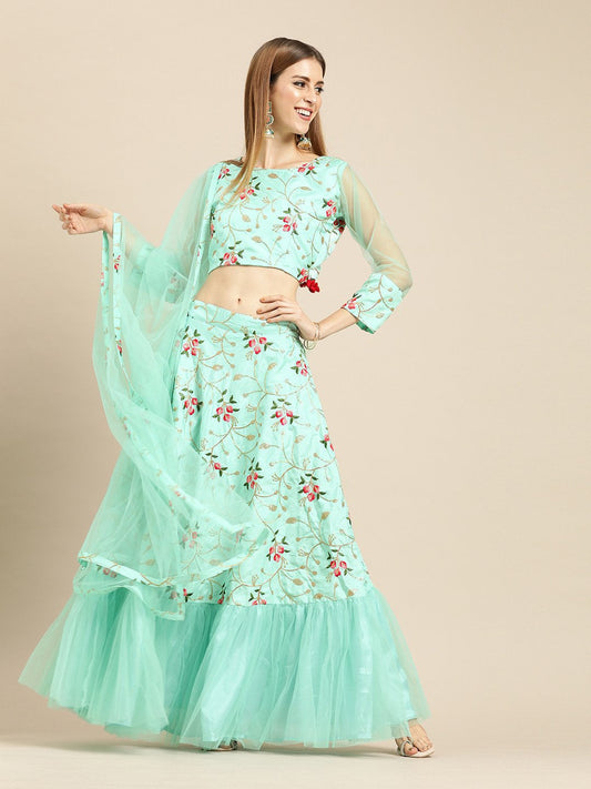 Women's Sea Green Silk Blended Lehenga 3/4Th Sleeve Net Choli With Dupatta
