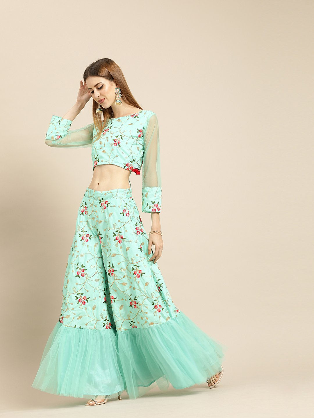 Women's Sea Green Silk Blended Lehenga 3/4Th Sleeve Net Choli With Dupatta