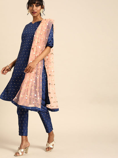 Women's Blue Three-Quarter Sleeves Woven Design Straight Silk Blend Brocade Kurta With Trouser And Dupatta