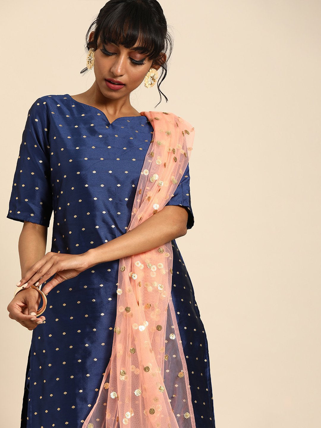Women's Blue Three-Quarter Sleeves Woven Design Straight Silk Blend Brocade Kurta With Trouser And Dupatta
