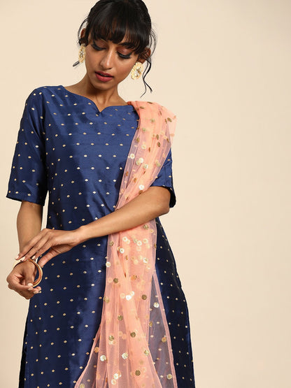 Women's Blue Three-Quarter Sleeves Woven Design Straight Silk Blend Brocade Kurta With Trouser And Dupatta