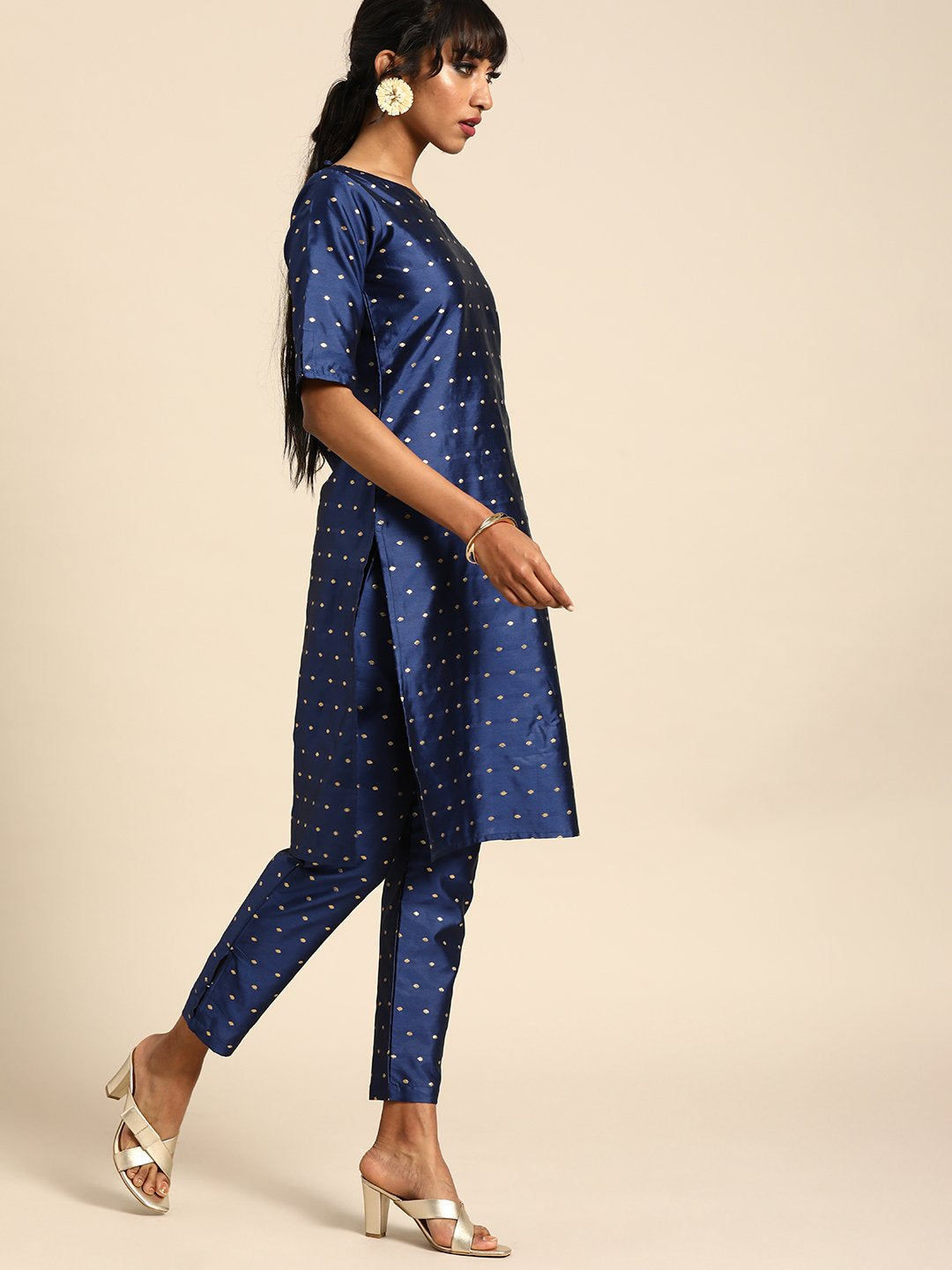 Women's Blue Three-Quarter Sleeves Woven Design Straight Silk Blend Brocade Kurta With Trouser And Dupatta