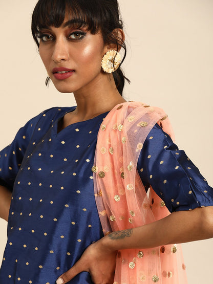 Women's Blue Three-Quarter Sleeves Woven Design Straight Silk Blend Brocade Kurta With Trouser And Dupatta
