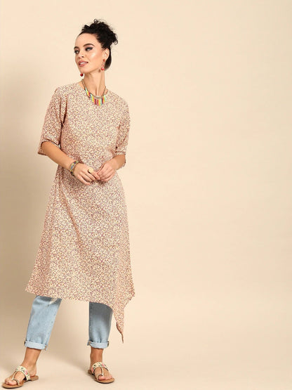 Women's Beige Calf Length Three-Quarter Sleeves A-Line Floral Printed Cotton Kurta