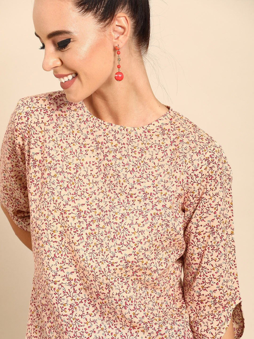 Women's Beige Calf Length Three-Quarter Sleeves A-Line Floral Printed Cotton Kurta