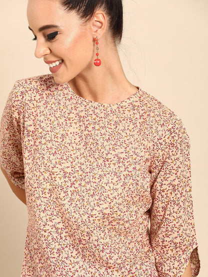 Women's Beige Calf Length Three-Quarter Sleeves A-Line Floral Printed Cotton Kurta