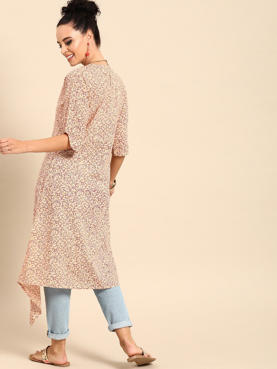 Women's Beige Calf Length Three-Quarter Sleeves A-Line Floral Printed Cotton Kurta