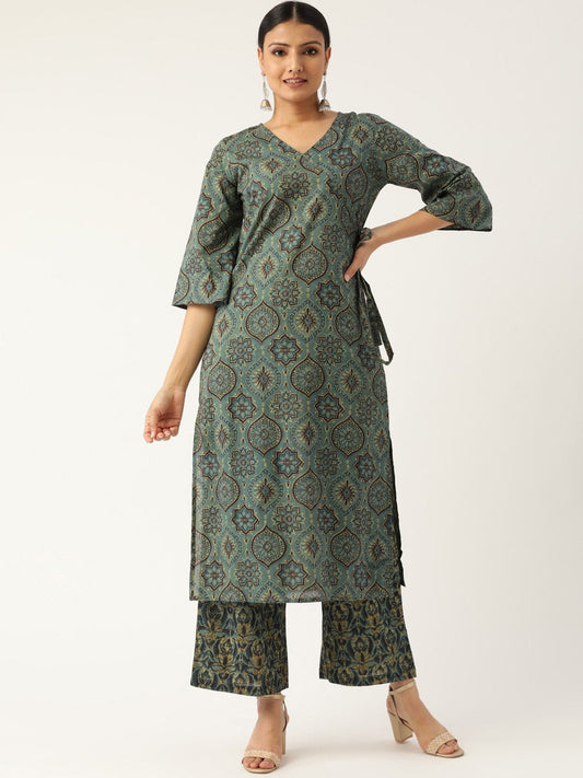 Women's Sage Green Three-Quarter Sleeves Printed Straight Cotton Kurta With Palazzo