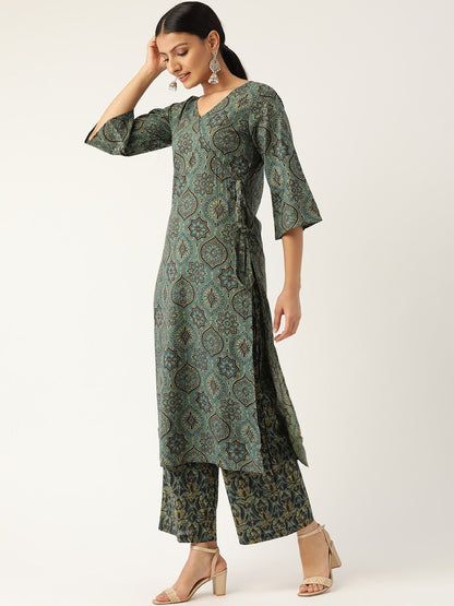 Women's Sage Green Three-Quarter Sleeves Printed Straight Cotton Kurta With Palazzo