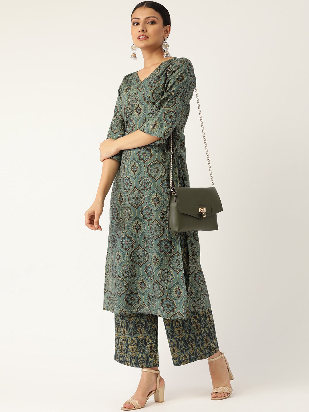 Women's Sage Green Three-Quarter Sleeves Printed Straight Cotton Kurta With Palazzo