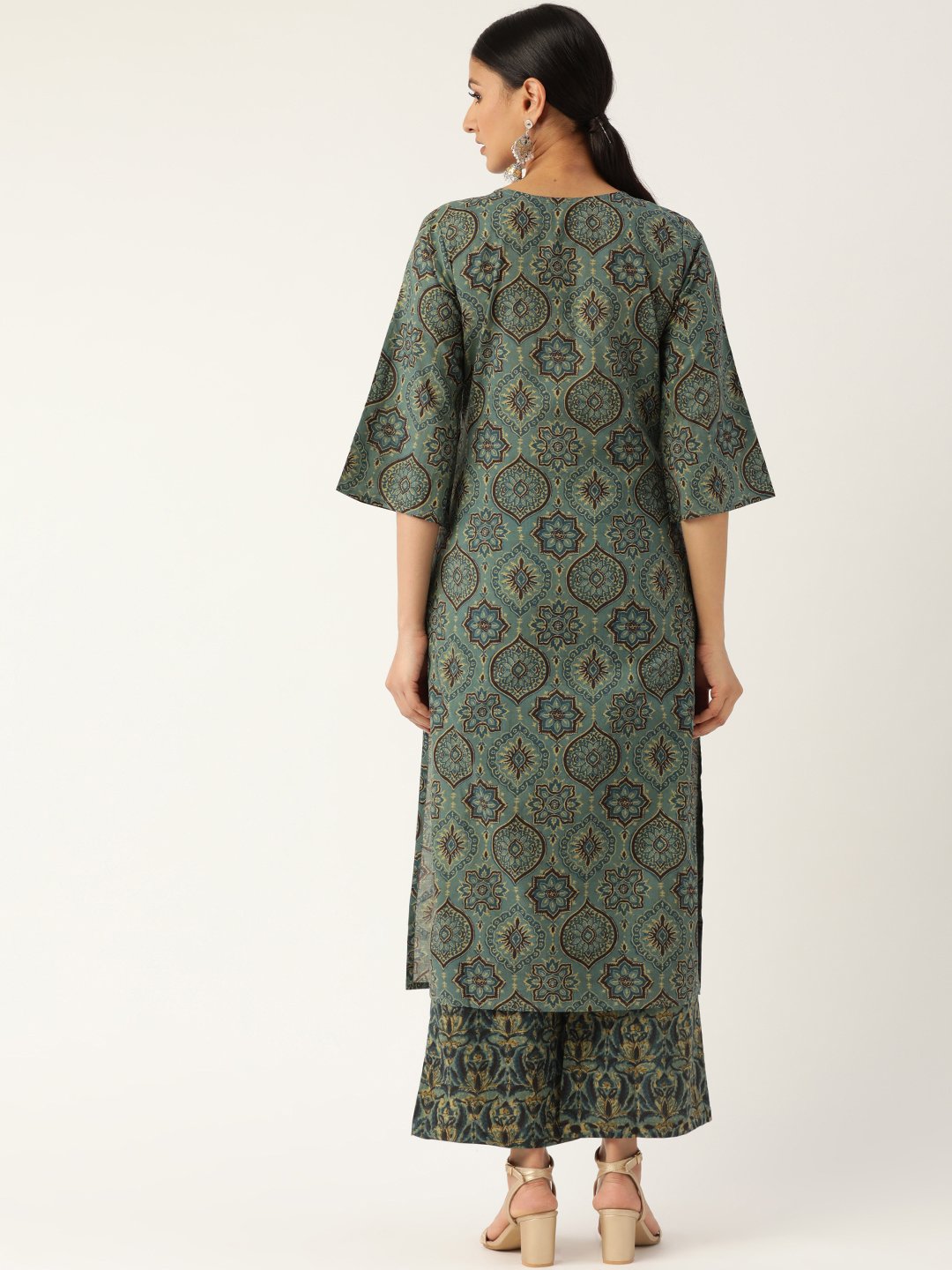 Women's Sage Green Three-Quarter Sleeves Printed Straight Cotton Kurta With Palazzo