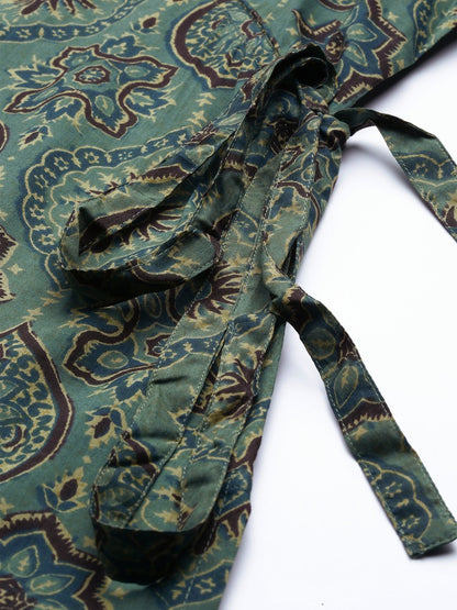 Women's Sage Green Three-Quarter Sleeves Printed Straight Cotton Kurta With Palazzo