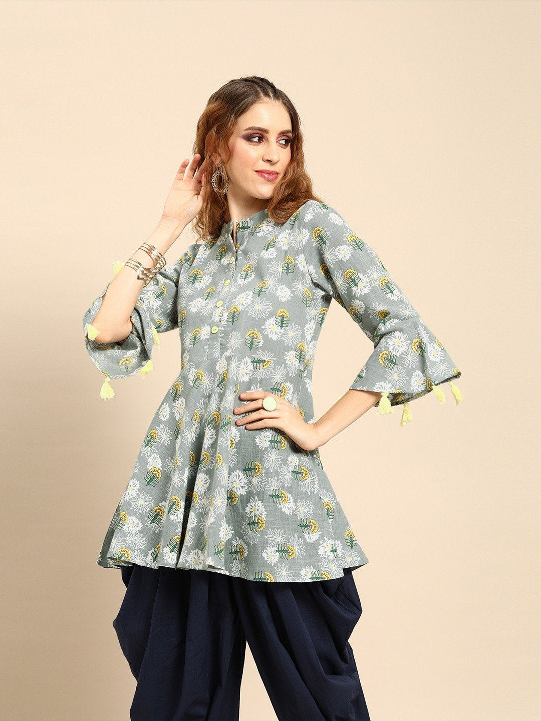 Women's Grey  Printed Flared Floral Knitted Cotton Kurti
