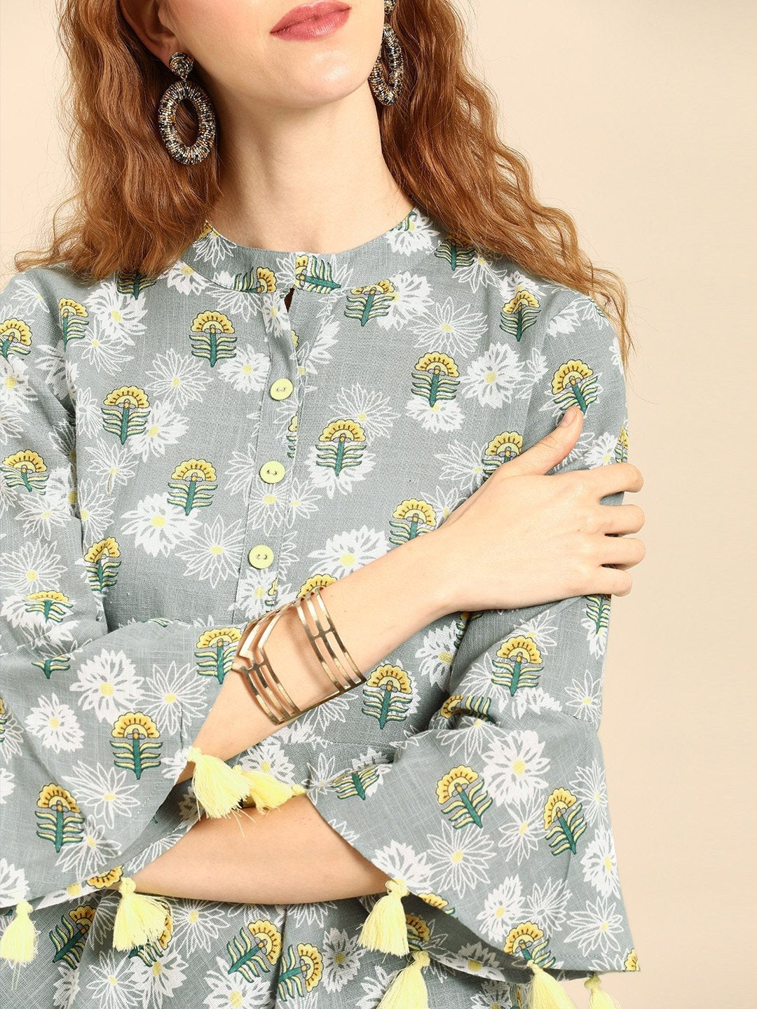 Women's Grey  Printed Flared Floral Knitted Cotton Kurti