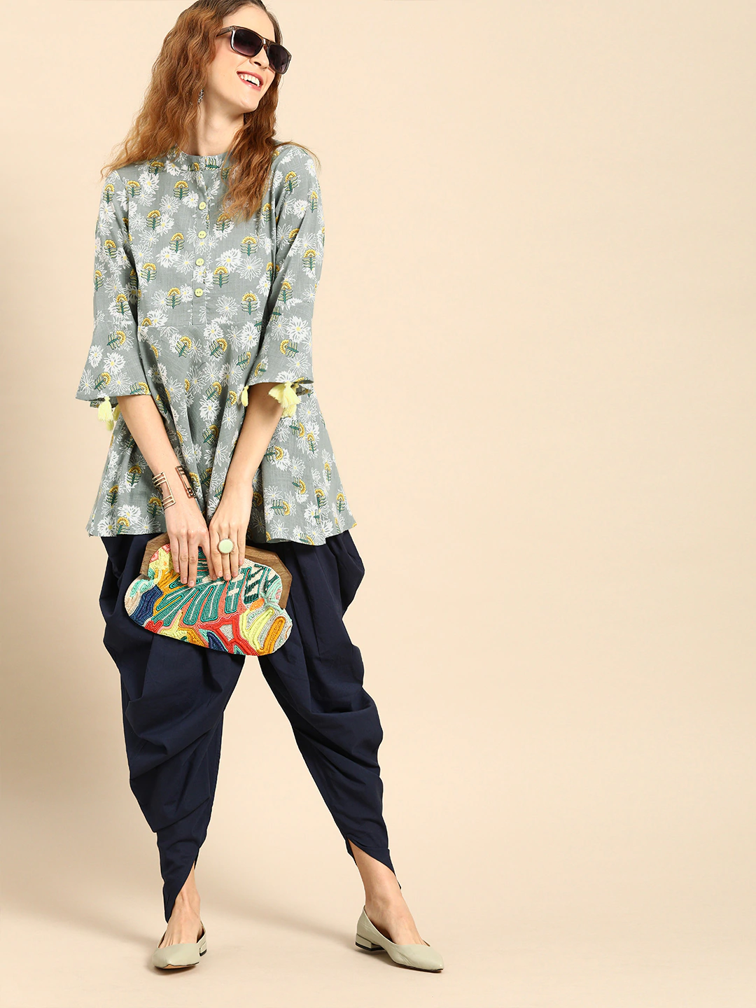Women's Grey  Printed Flared Floral Knitted Cotton Kurti