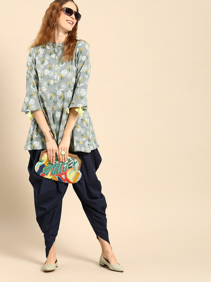 Women's Grey  Printed Flared Floral Knitted Cotton Kurti