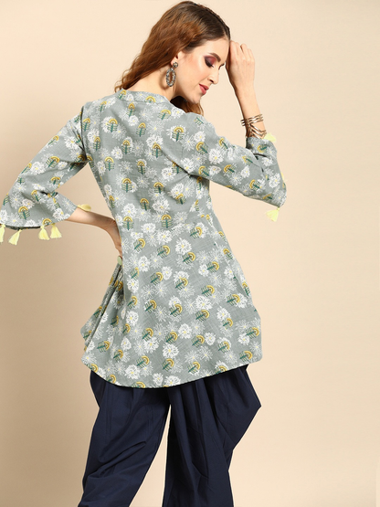 Women's Grey  Printed Flared Floral Knitted Cotton Kurti
