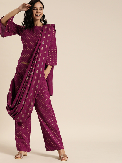 Women's Wine Printed Palazzo Saree With Blouse