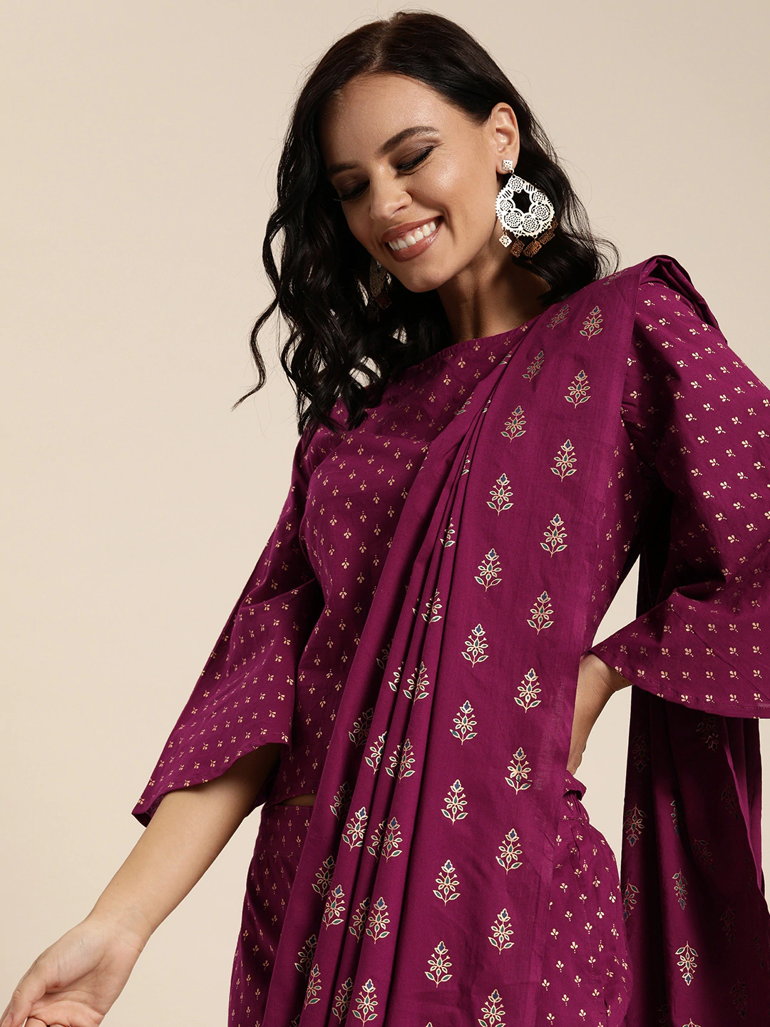 Women's Wine Printed Palazzo Saree With Blouse