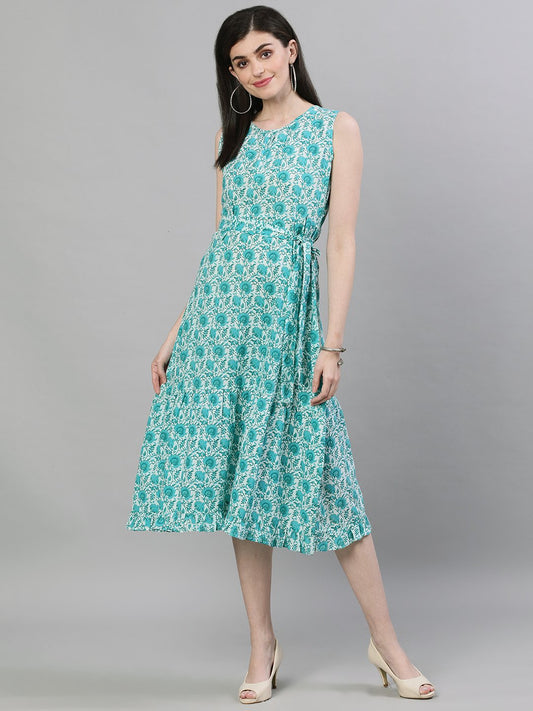 Women's White Floral Printed Round Neck Cotton A-Line Dress