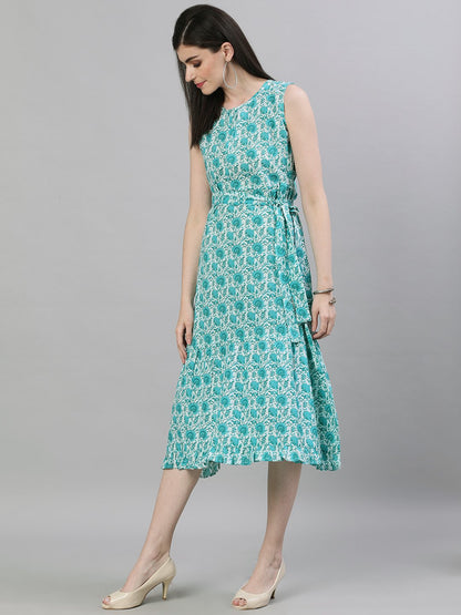Women's White Floral Printed Round Neck Cotton A-Line Dress