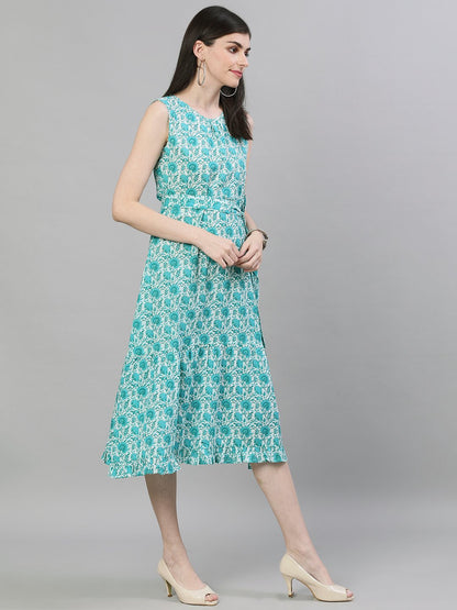 Women's White Floral Printed Round Neck Cotton A-Line Dress