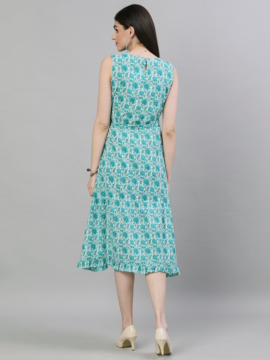 Women's White Floral Printed Round Neck Cotton A-Line Dress