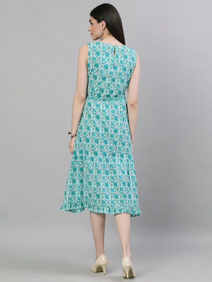 Women's White Floral Printed Round Neck Cotton A-Line Dress