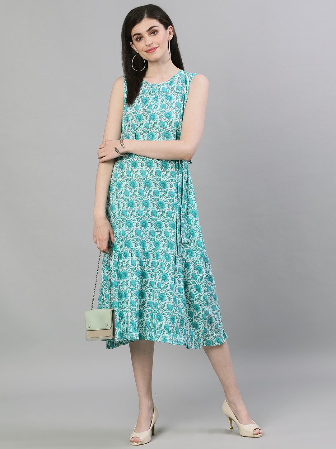 Women's White Floral Printed Round Neck Cotton A-Line Dress