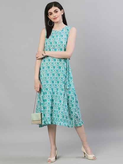 Women's White Floral Printed Round Neck Cotton A-Line Dress