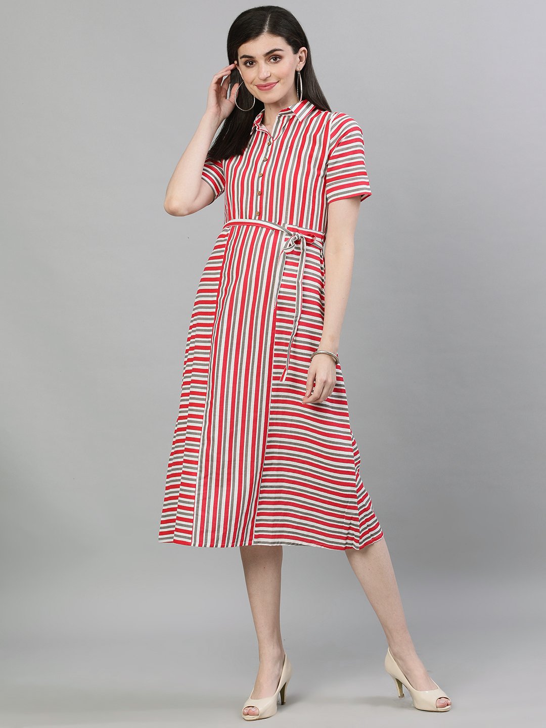 Women's Red Striped Striped Shirt Collar Cotton A-Line Dress