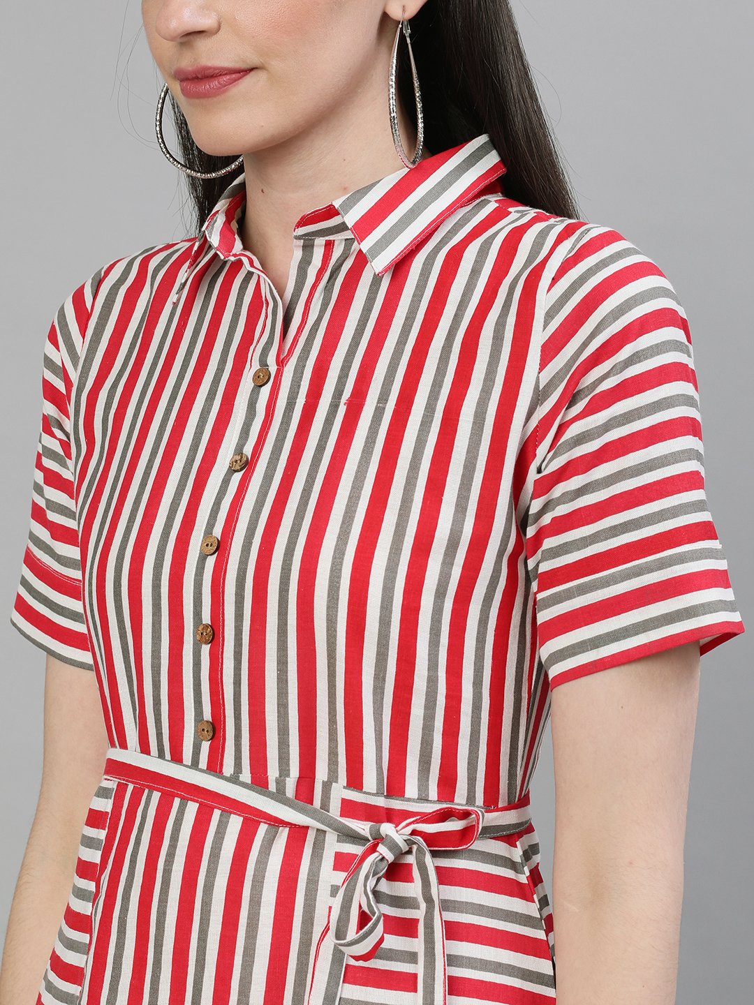 Women's Red Striped Striped Shirt Collar Cotton A-Line Dress